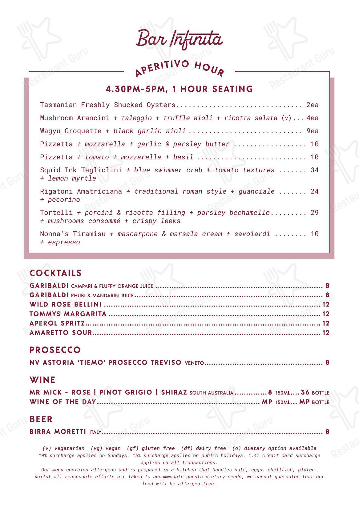 Меню ресторана Bar Infinita - Catering Menu