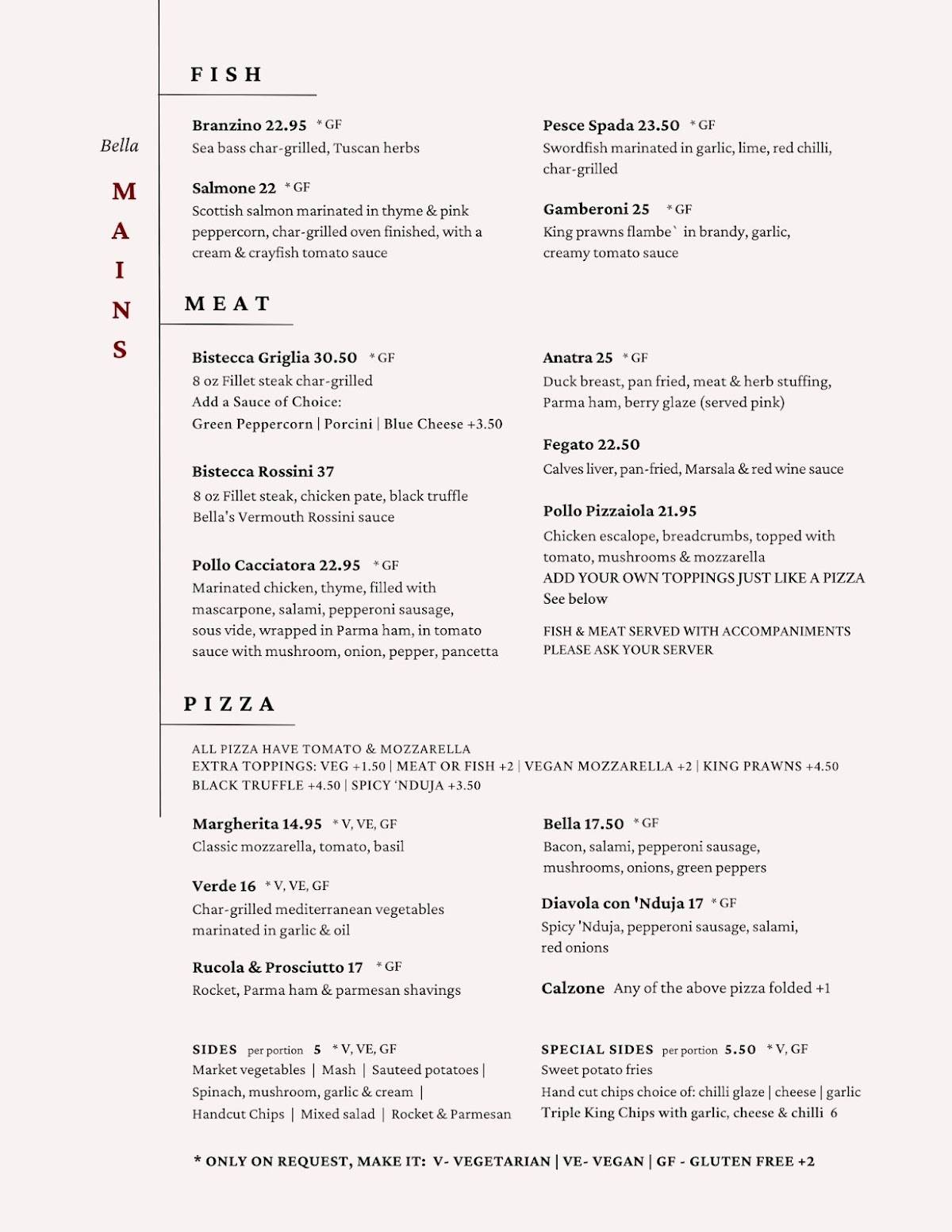 Bella Restaurant Ltd меню