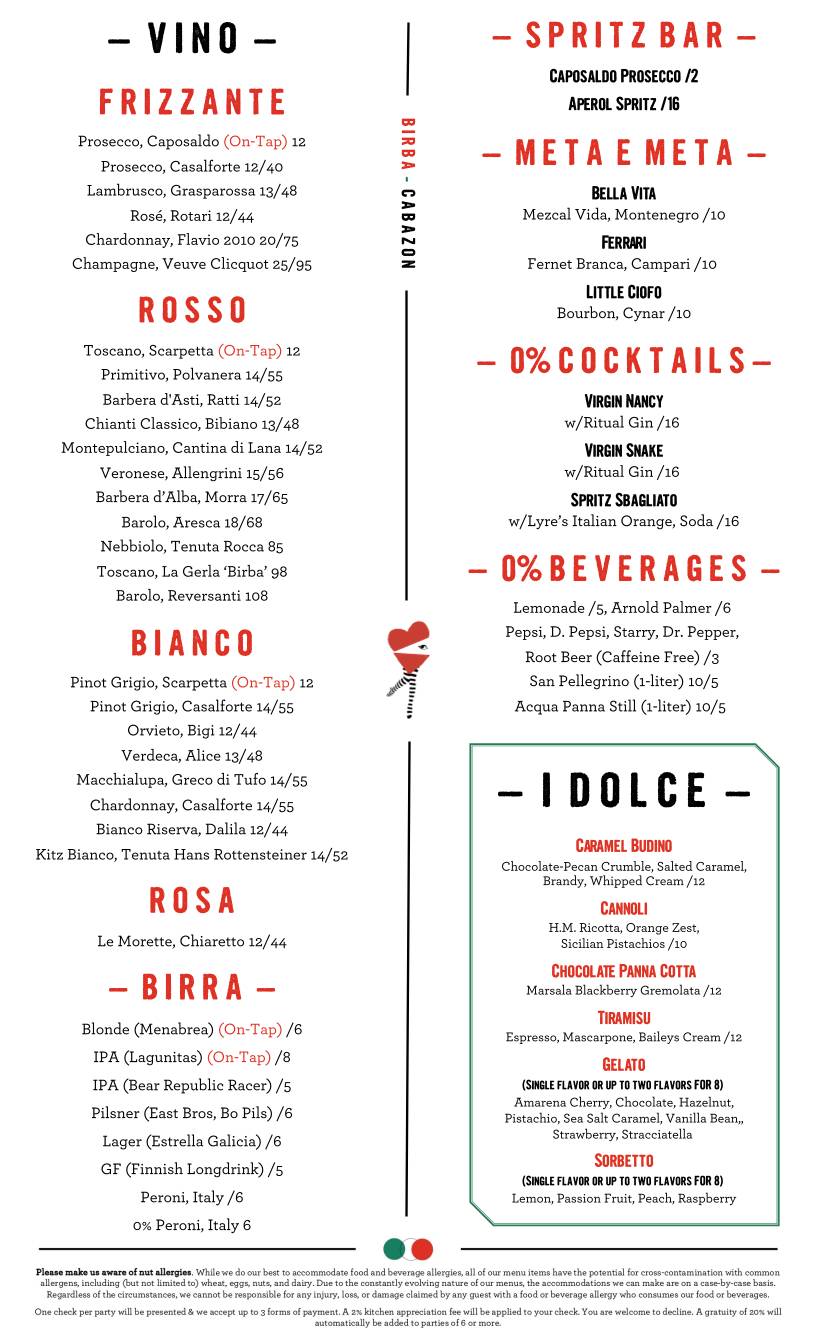 Birba Ristorante + Bar + Mercato меню