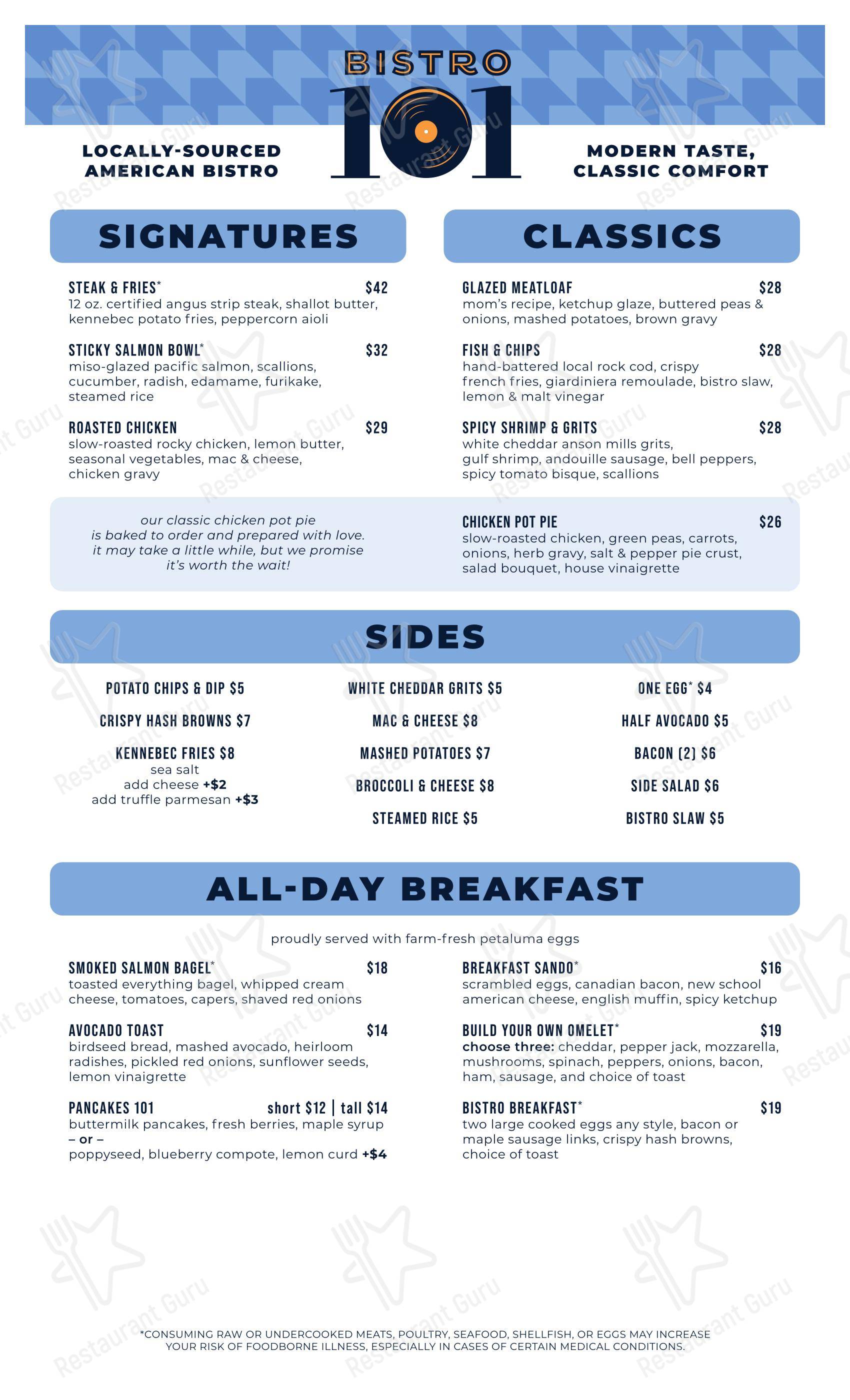 Основное меню ресторана Bistro 101