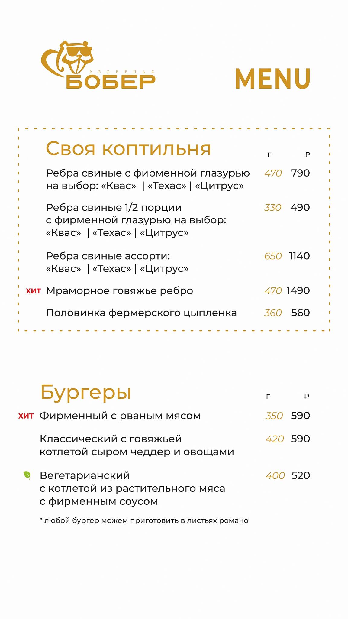Бобёр меню