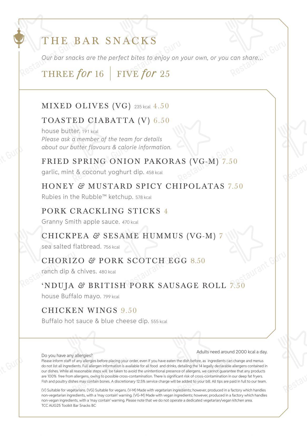 Dinner Menu паба и бара Bonds Mayfair в Лондоне