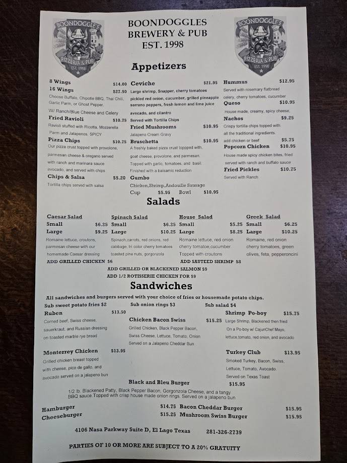 Boondoggle's Pub меню