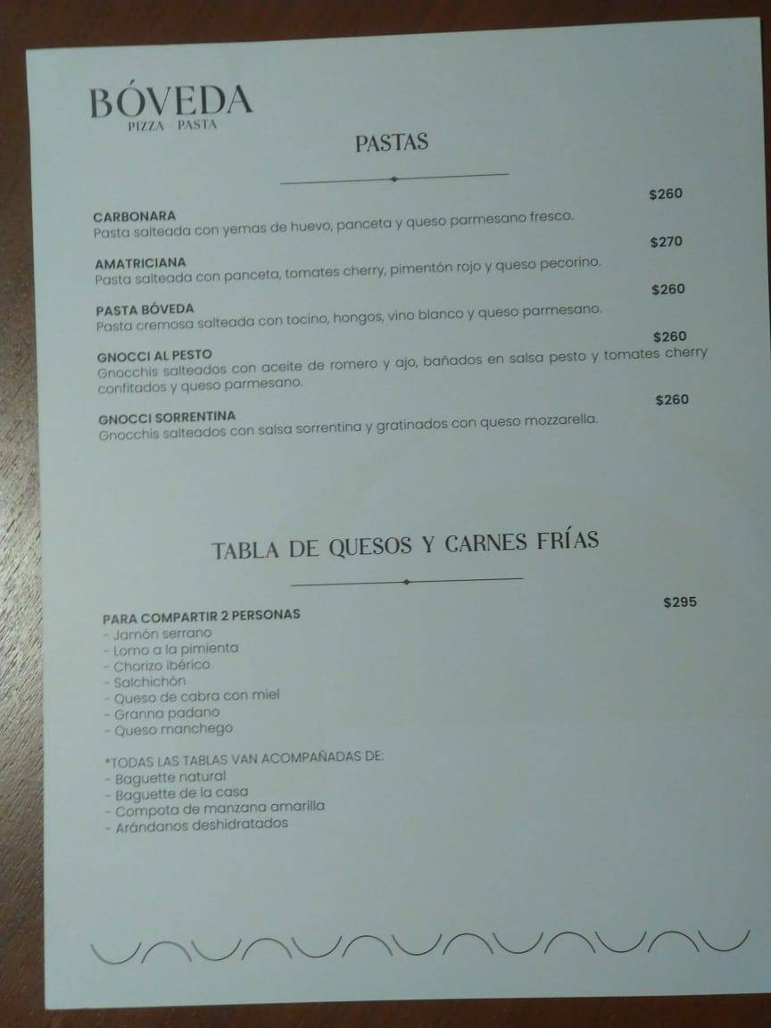 Bóveda меню