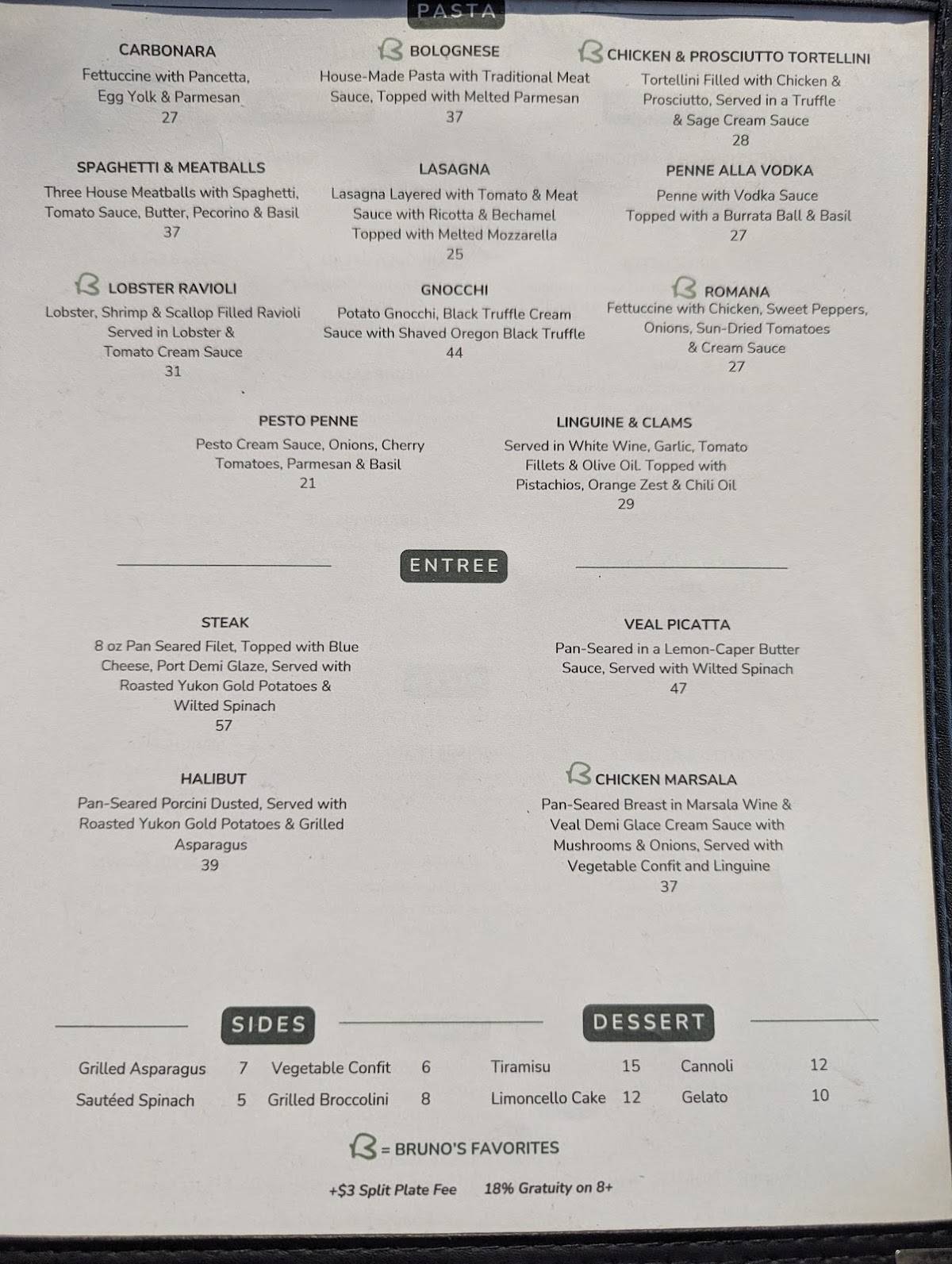 Bruno's Italian Restaurant меню
