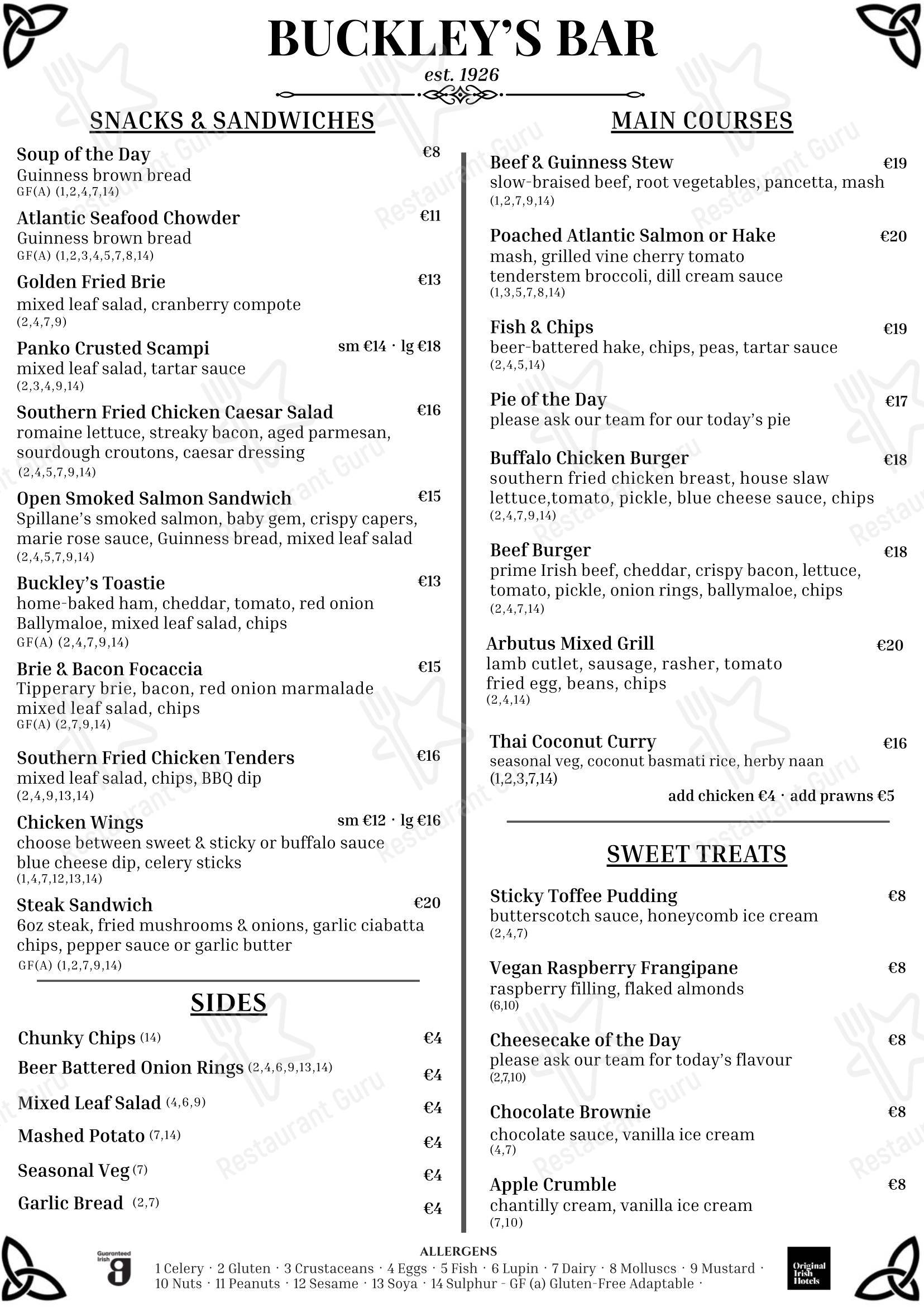 Buckley's Bar в Килларнях - Меню