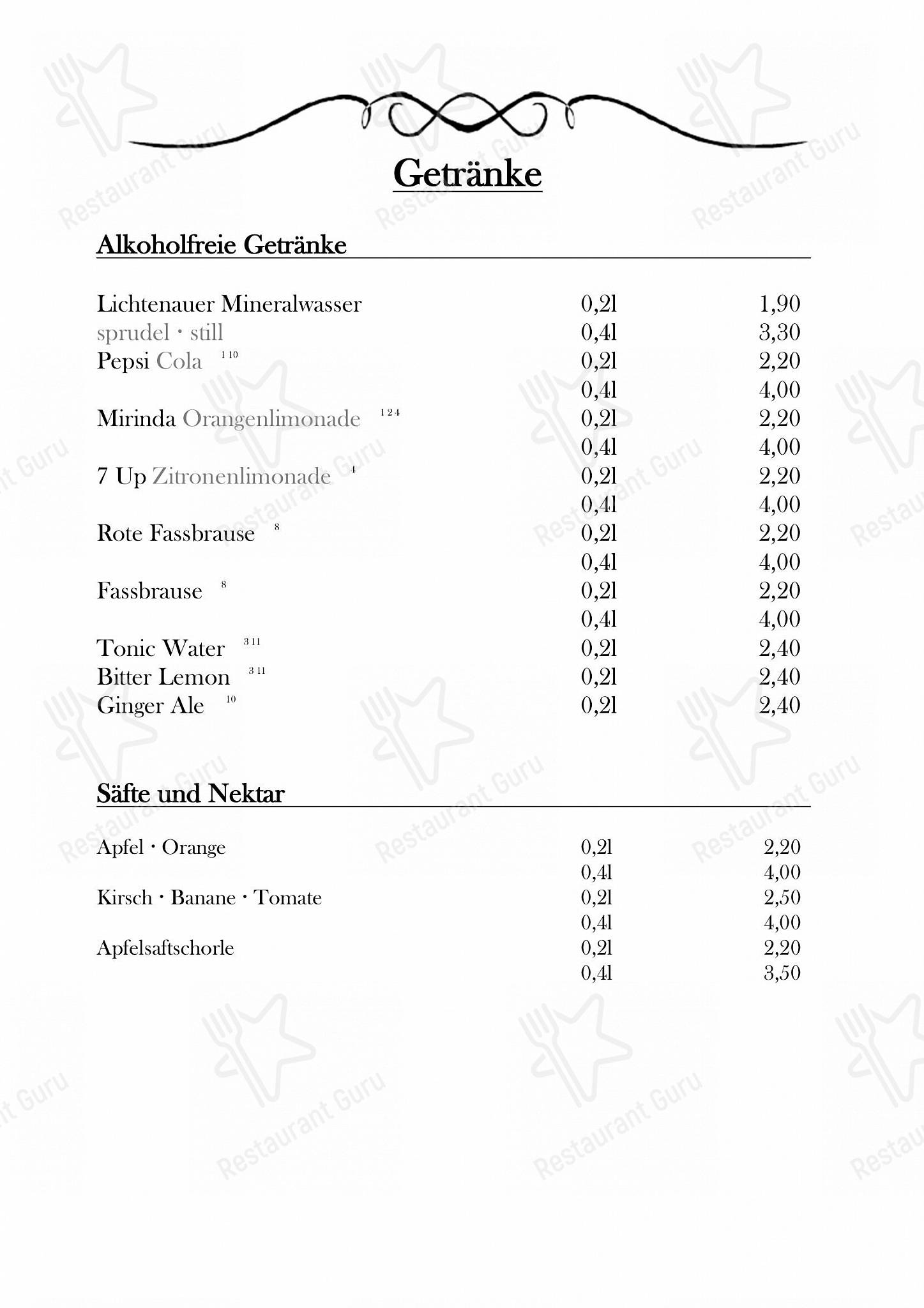 Меню ресторана SCHUBIS RABENSCHÄNKE - Меню