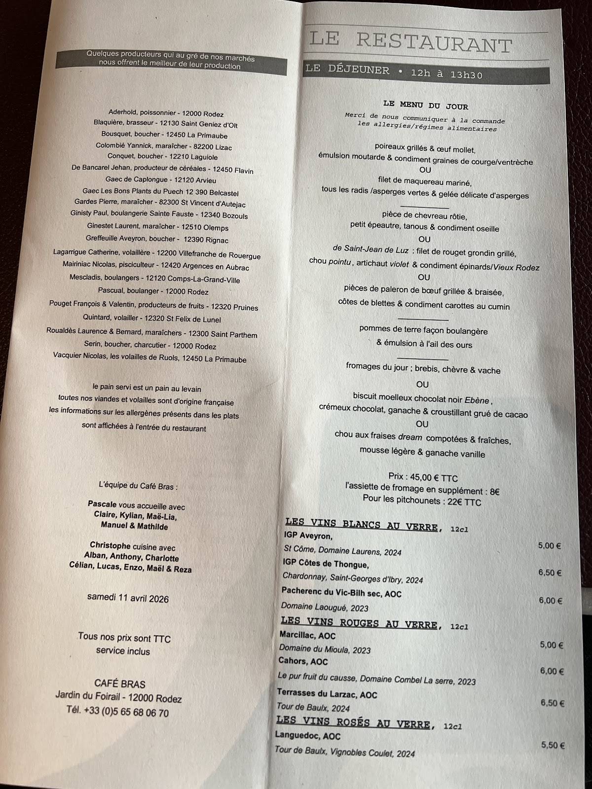 Café Bras меню