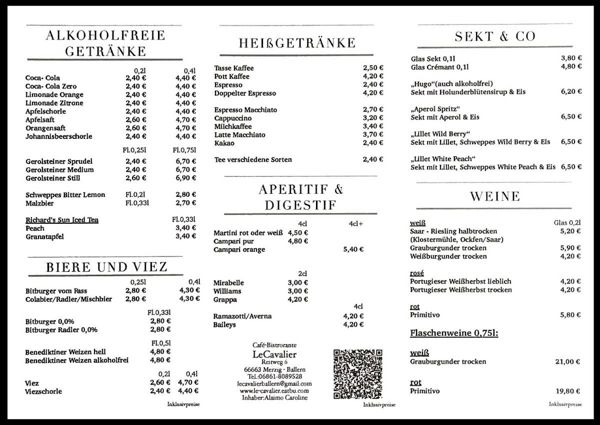 LeCavalier Café Bistrorante меню