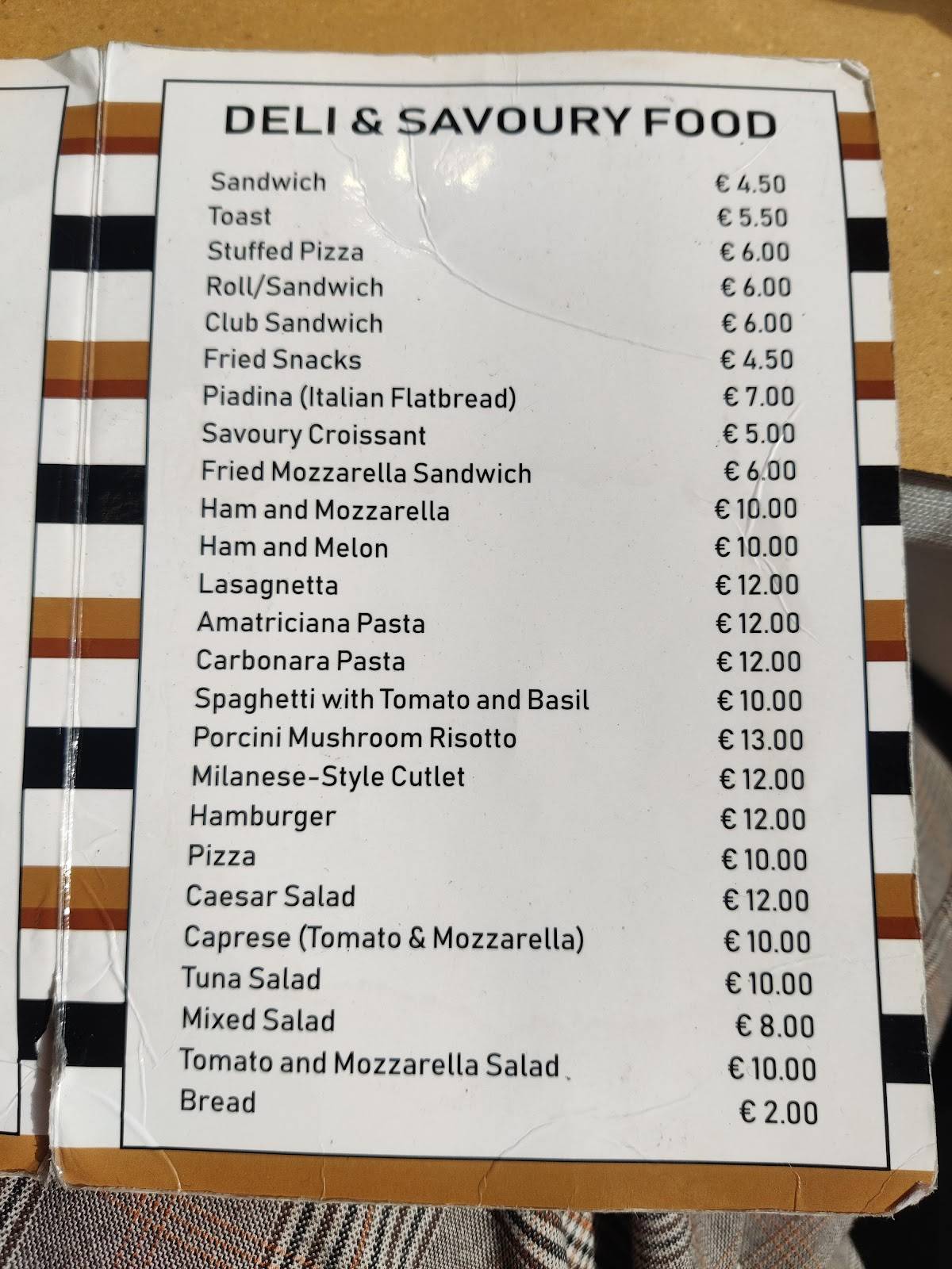 Caffe Niagara меню
