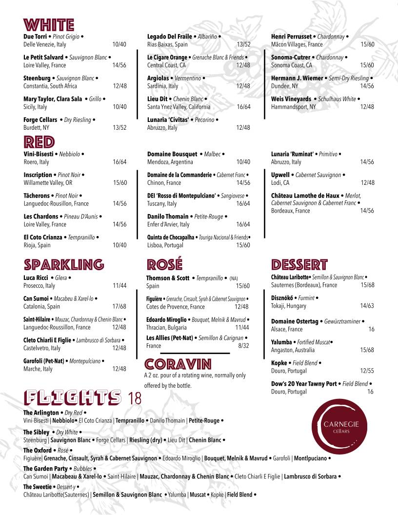 Carnegie Cellars Wine Bar & Kitchen меню