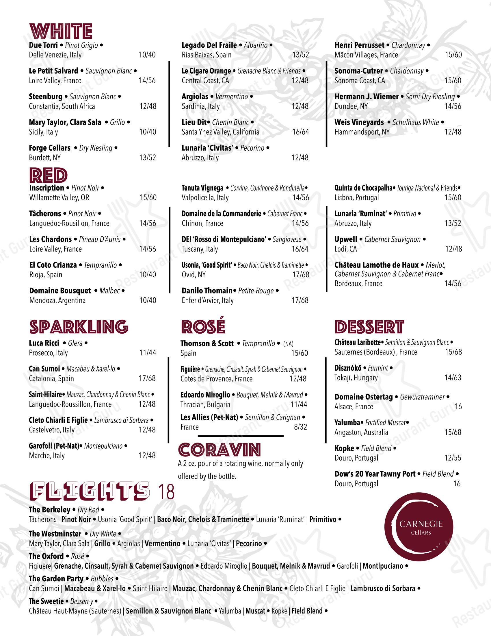 Основное меню паба и бара Carnegie Cellars Wine Bar & Kitchen в Рочестере
