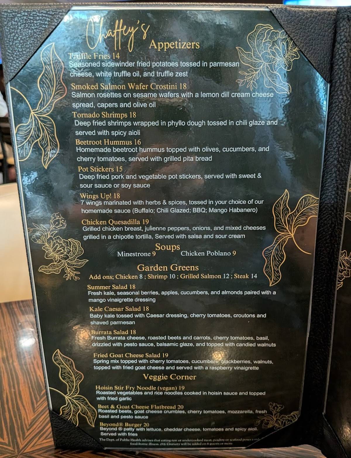 Chaffey's Restaurant меню