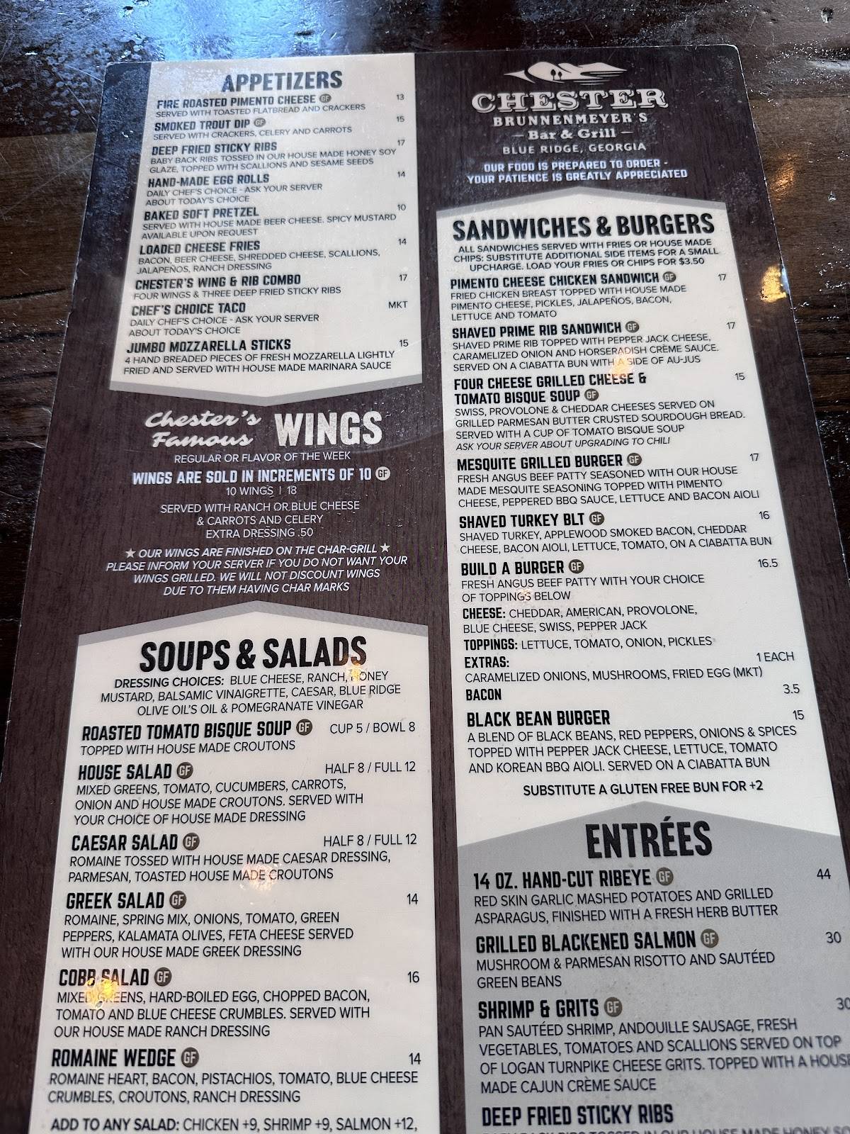 Chester Brunnenmeyer's Bar & Grill меню