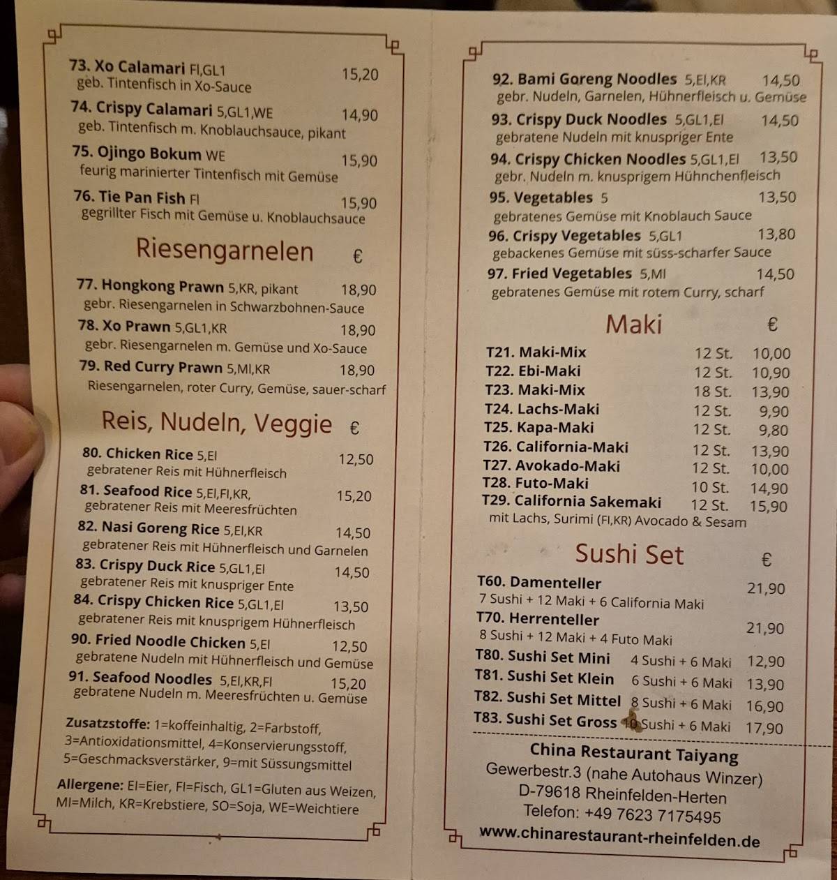 Chinarestaurant Taiyang меню