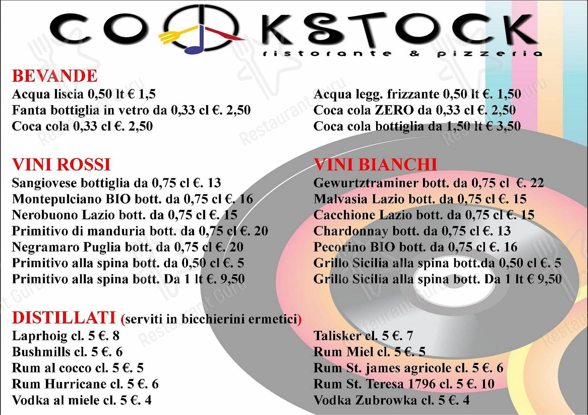 Bar Grill Menu пиццерии Cookstock в Риме