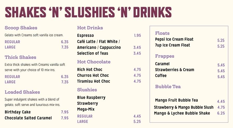 Creams Coventry меню