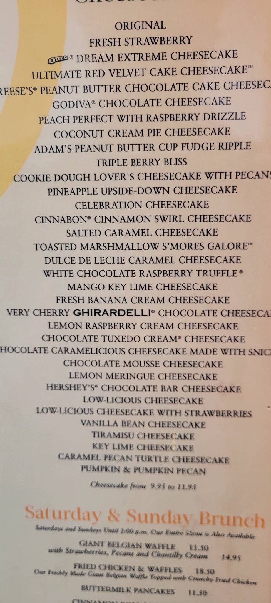 The Cheesecake Factory меню