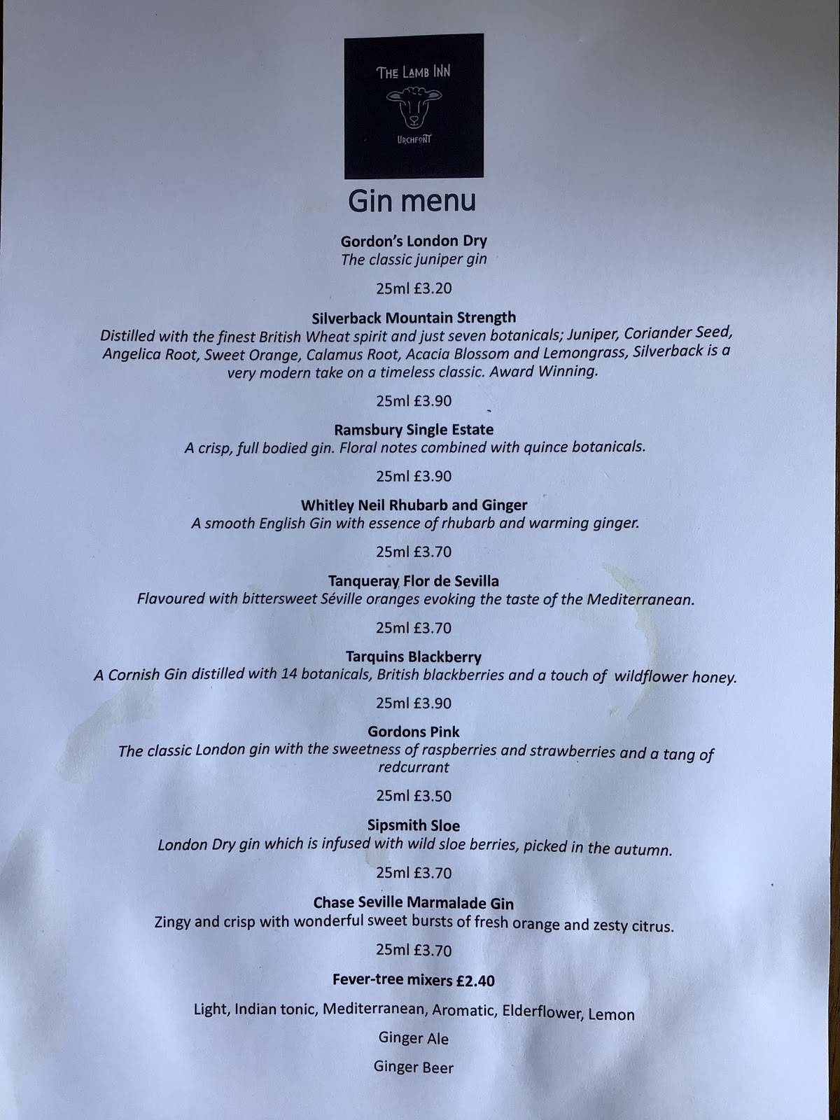 The Lamb Inn меню