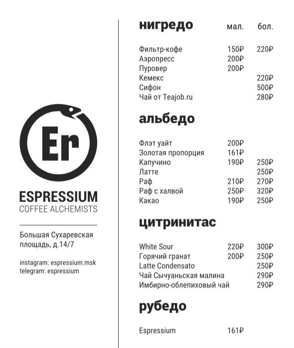 Espressium меню