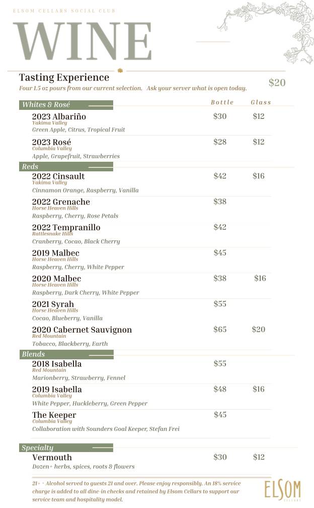 Elsom Cellars - Wine + Kitchen меню