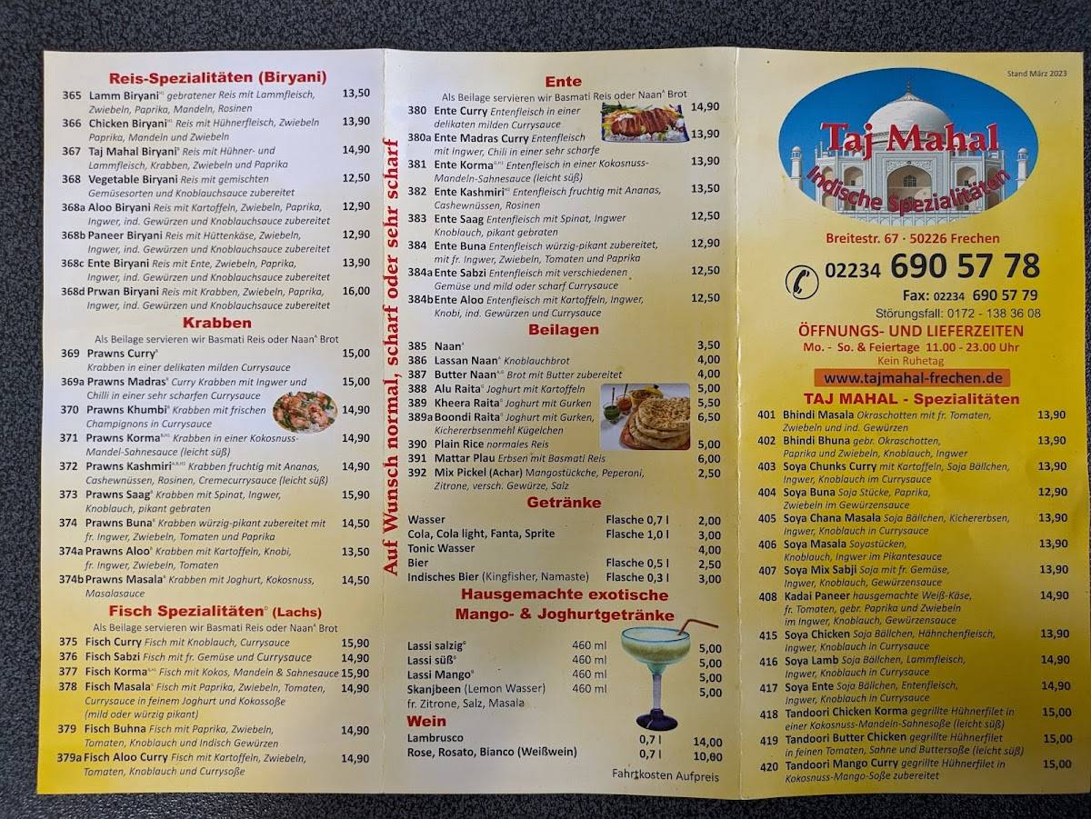 Restaurant Taj Mahal меню
