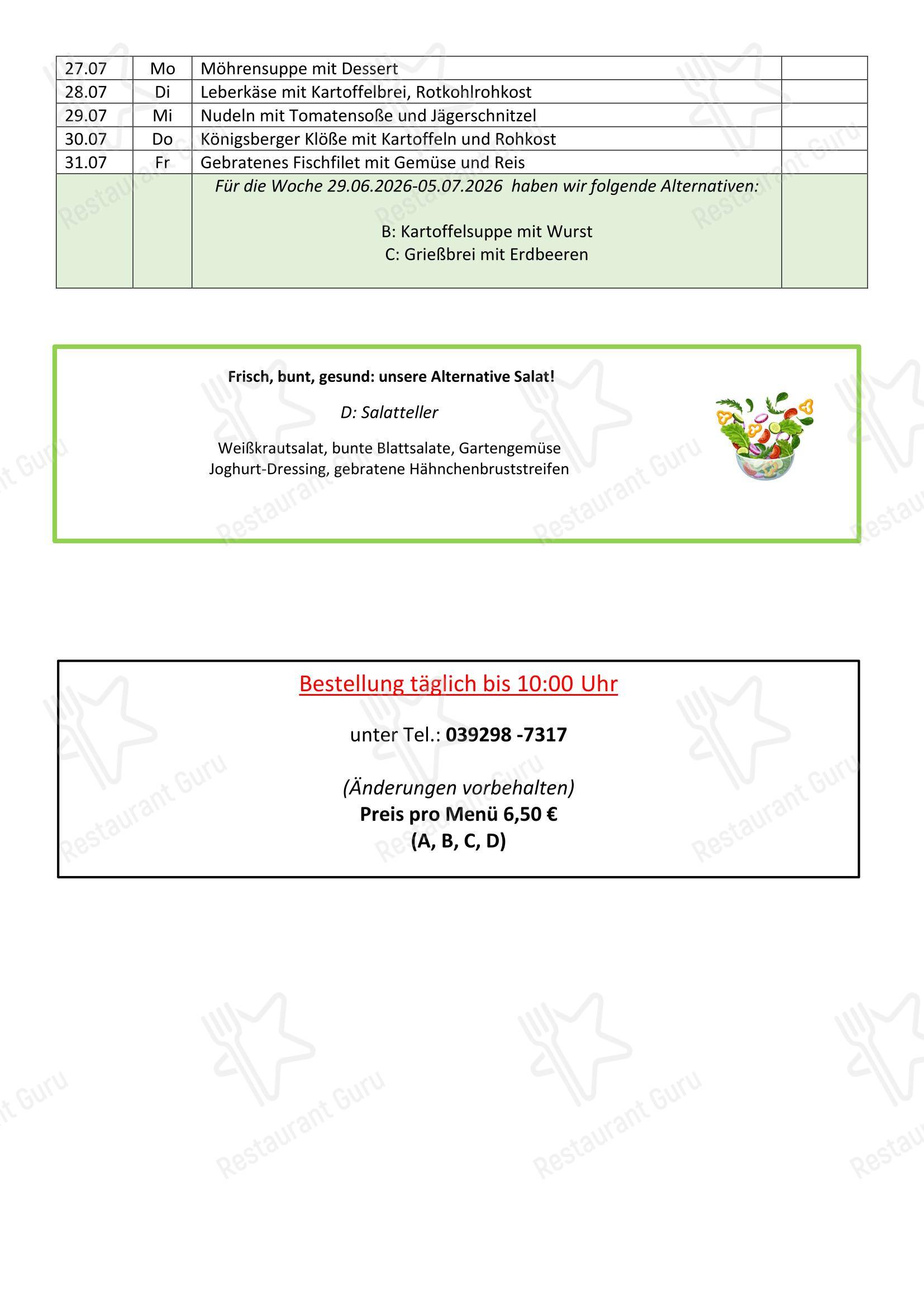 Ночное меню ресторана Gasthaus Am Colphus