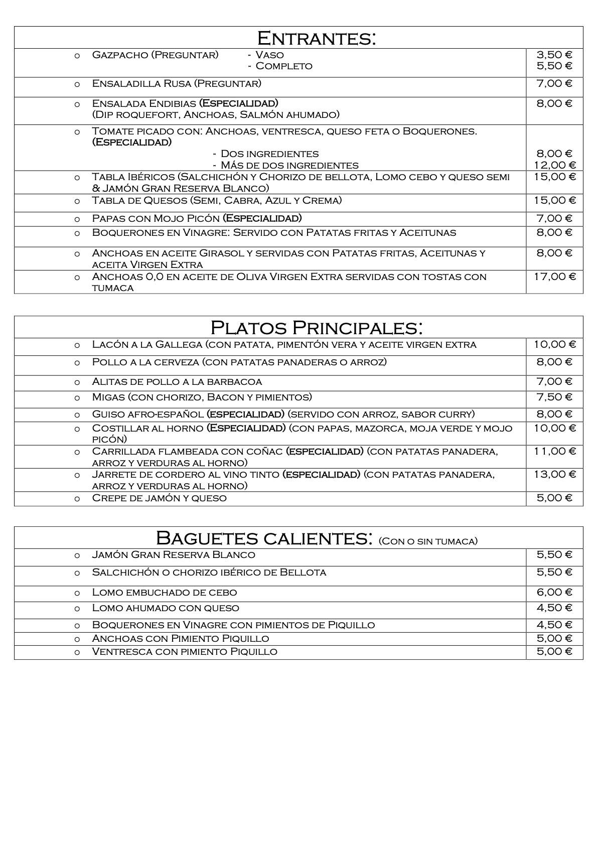 Gastrobar Quimera меню