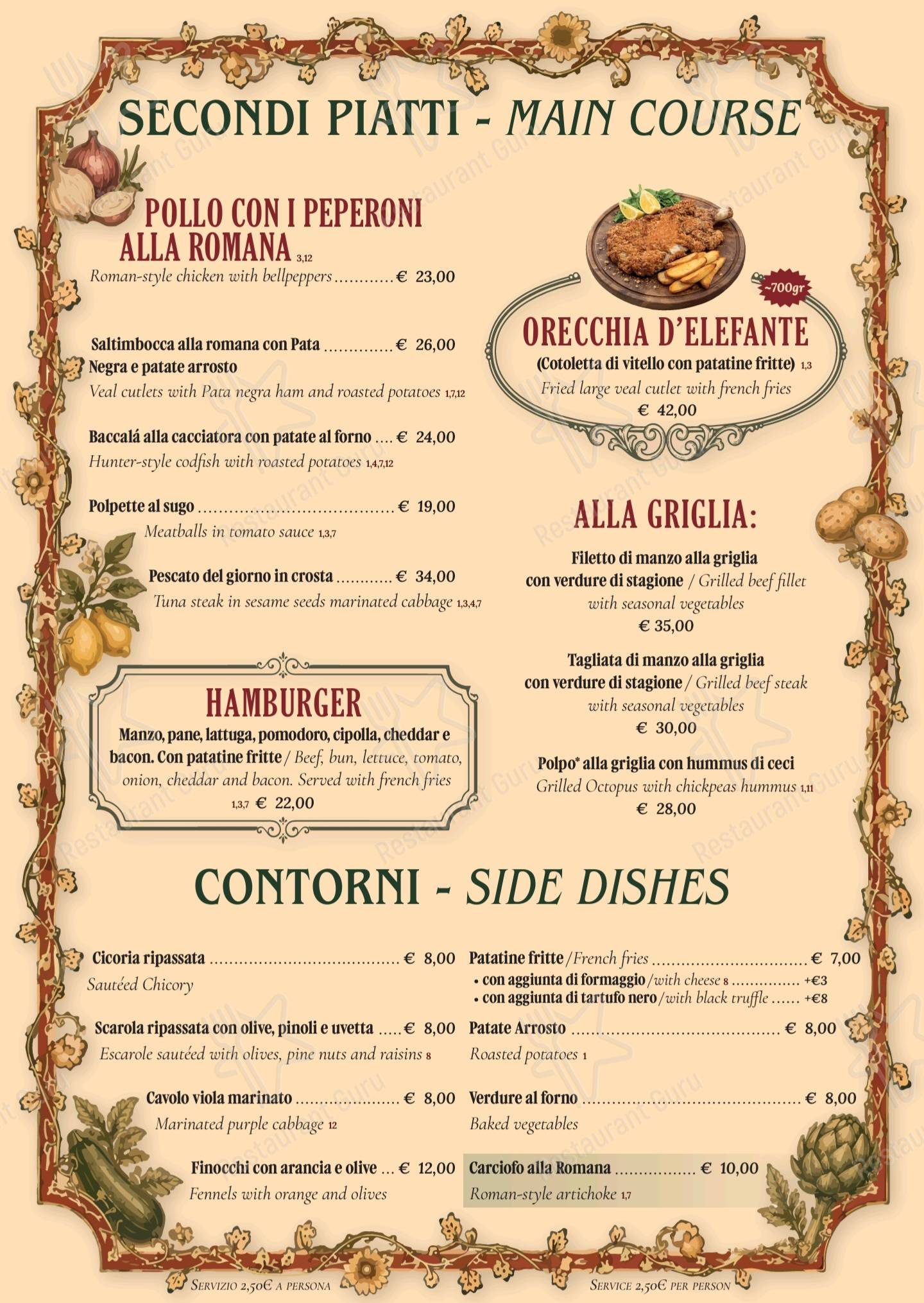 Меню для посетителей ресторана Giulietta alle Carrozze Ristorante