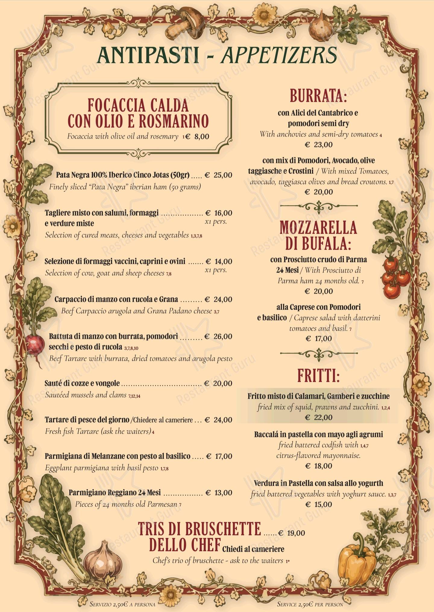 Меню для посетителей ресторана Giulietta alle Carrozze Ristorante