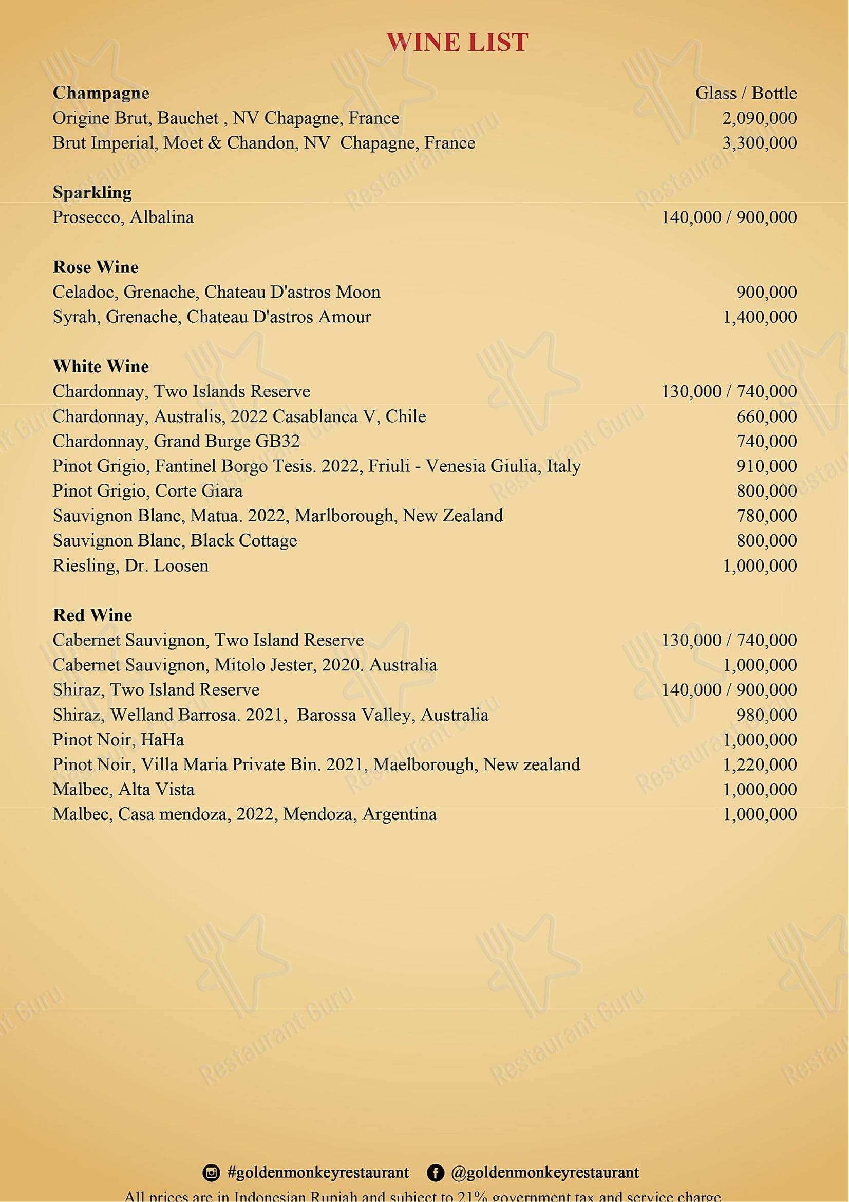 Golden Monkey Ubud в Ubud - Меню