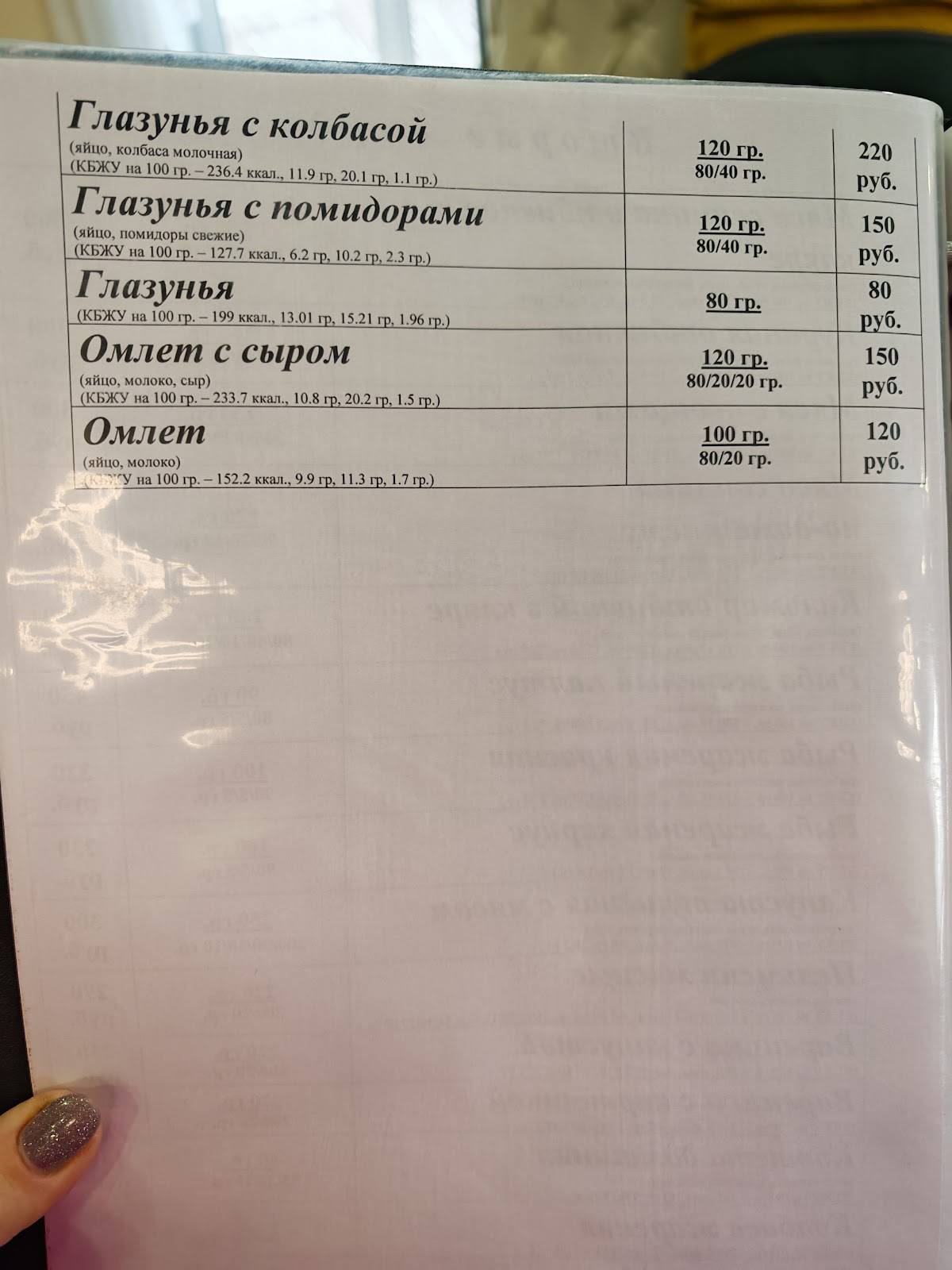 Гостиница на дому, Закусочная "Олеся" меню