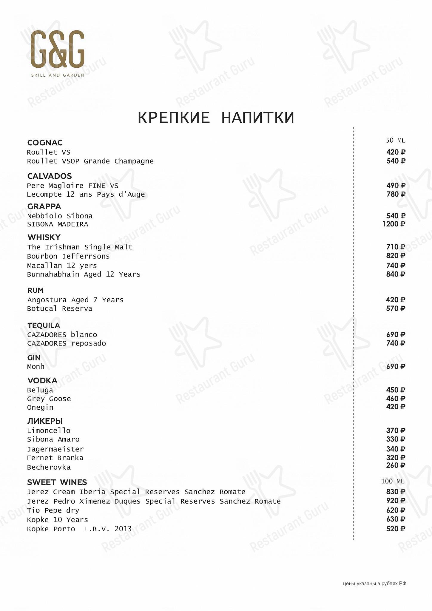 Меню напитков ресторана Grill&Garden