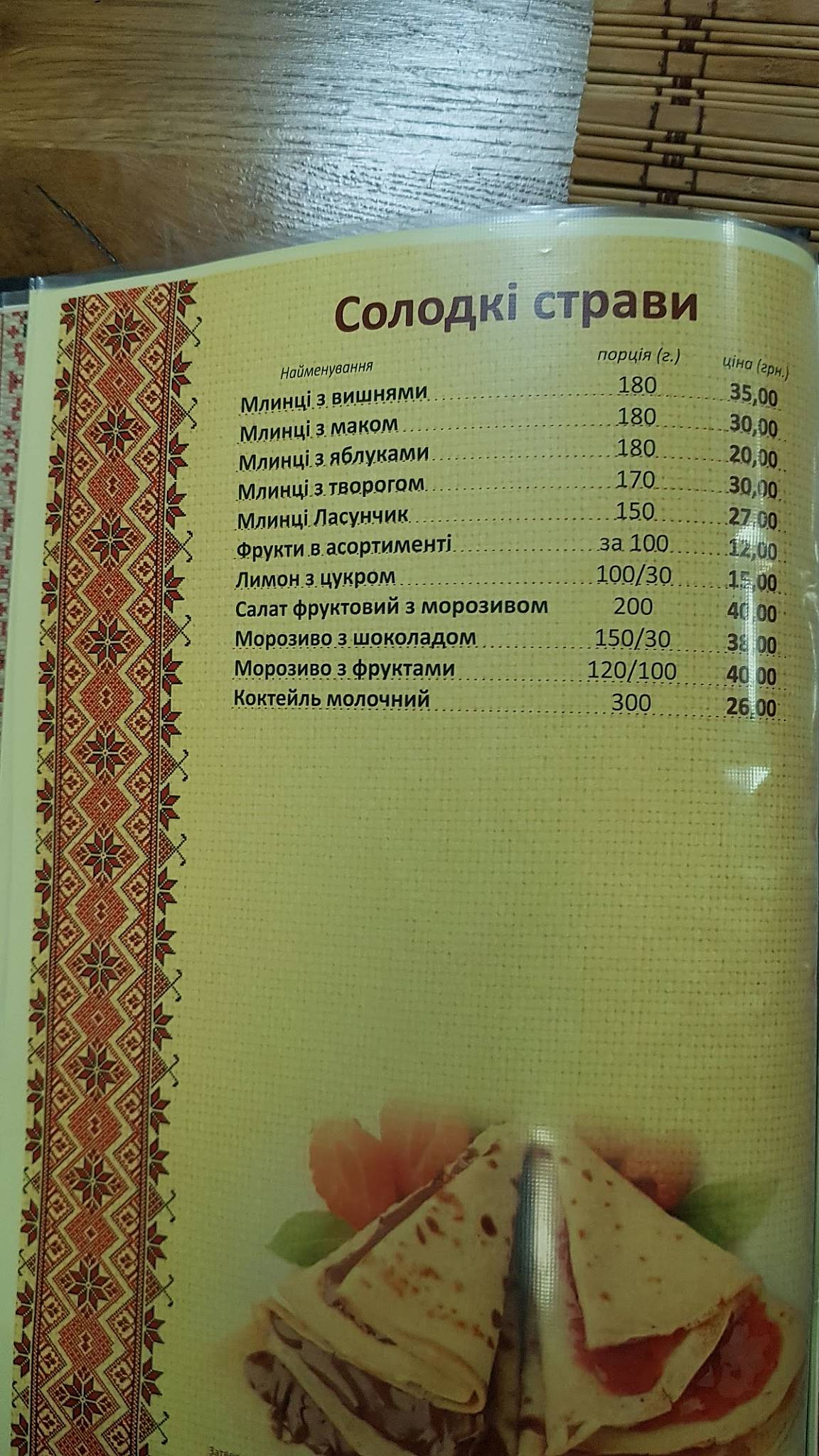 Гостинна Хата меню