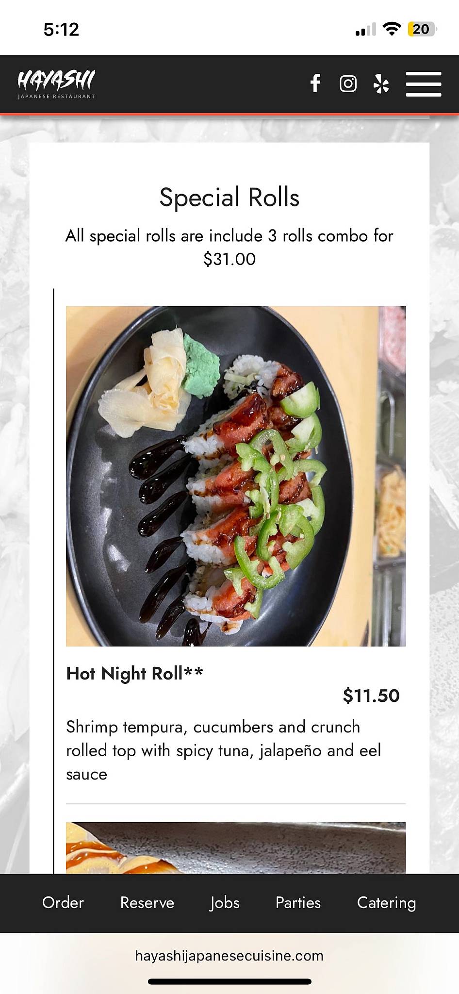 Hayashi Japanese Restaurant меню