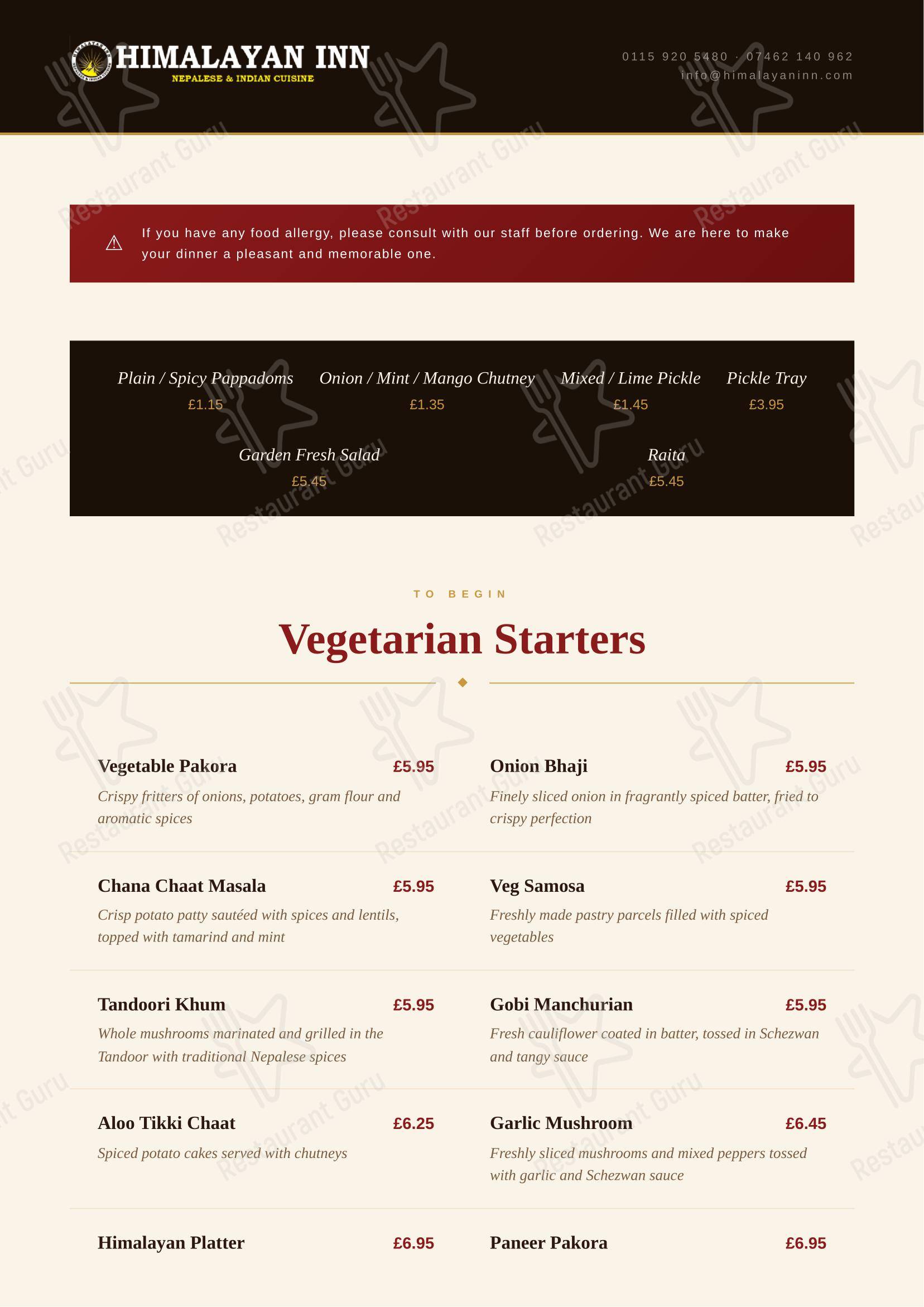 Himalayan Inn Nottingham-Nepalese & Indian Restaurant в Ноттингеме - Меню