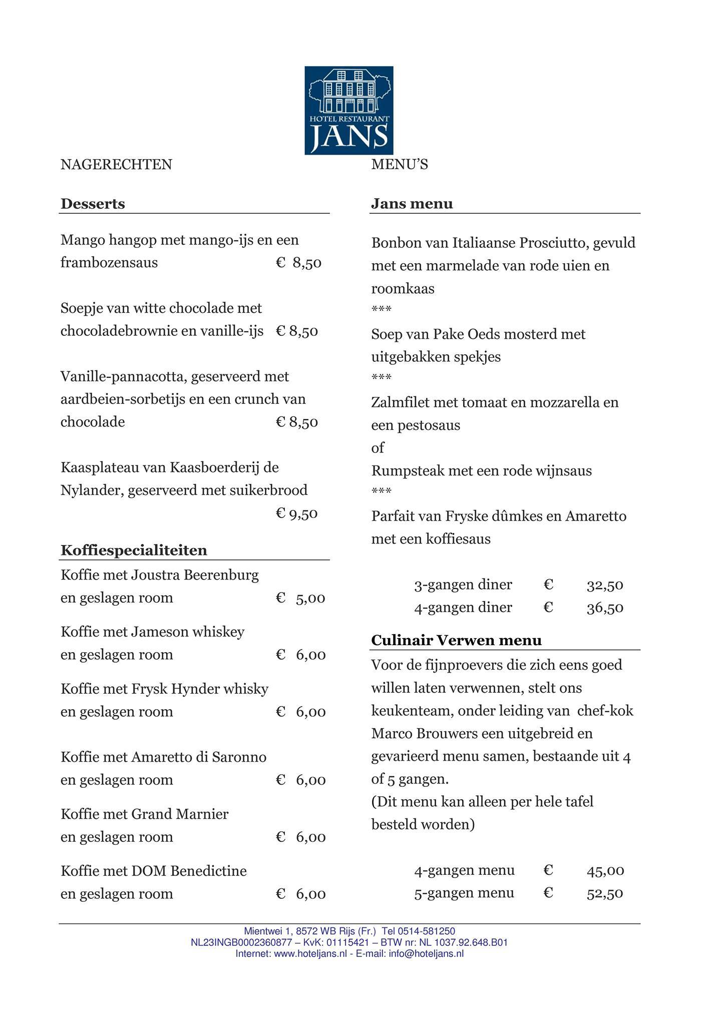 Hotel Restaurant Jans Rijs Gaasterland меню