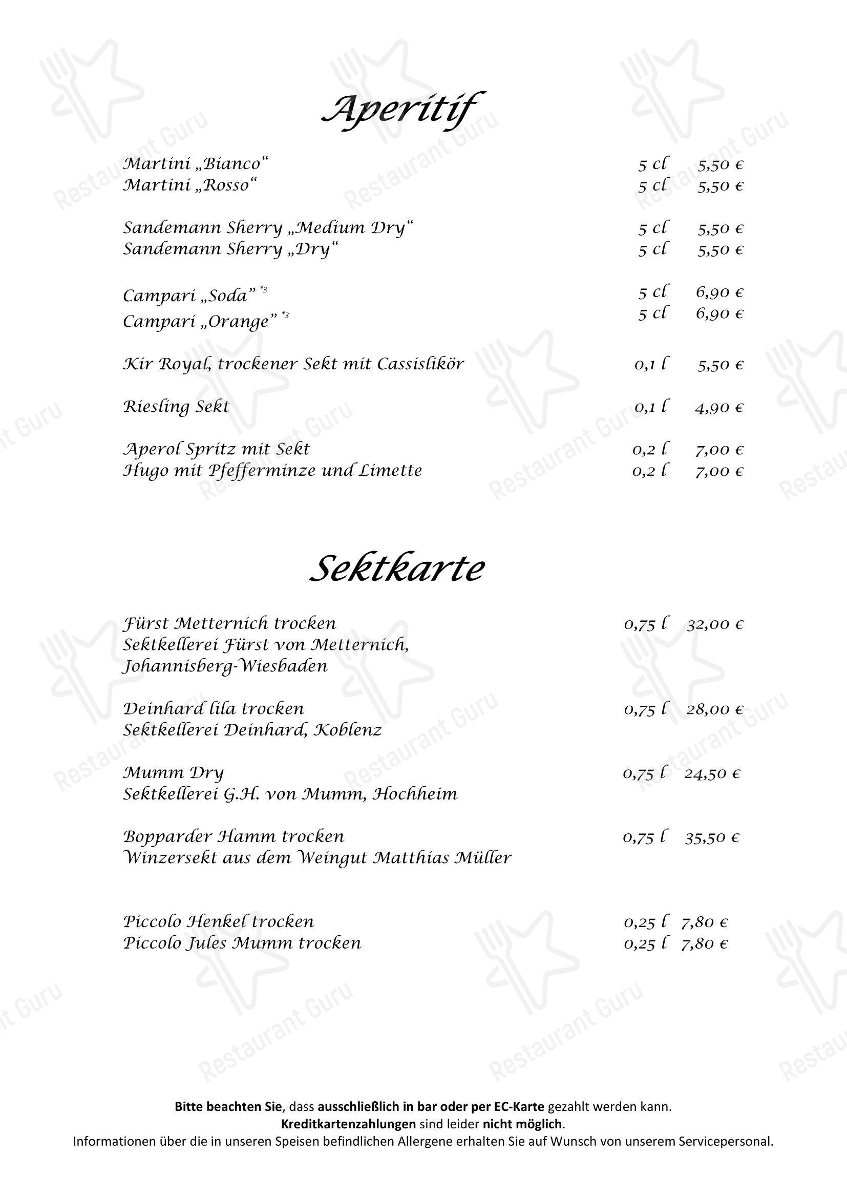Меню напитков ресторана Hotel Rheinkrone