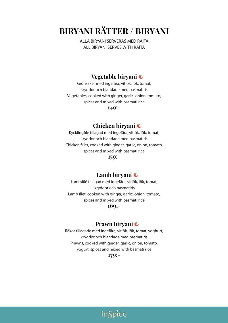 InSpice - Indisk Restaurang меню