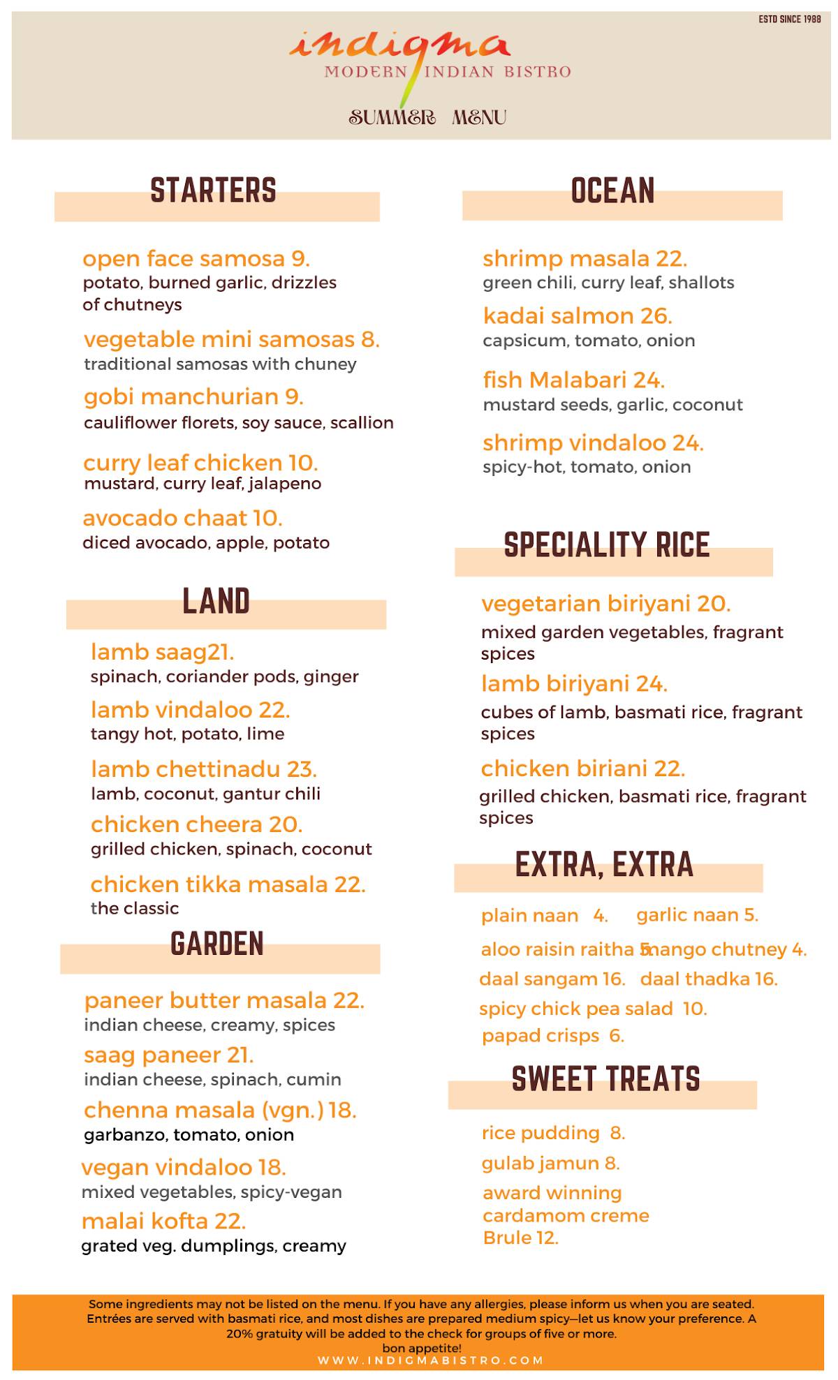 Indigma A Modern Indian Bistro меню