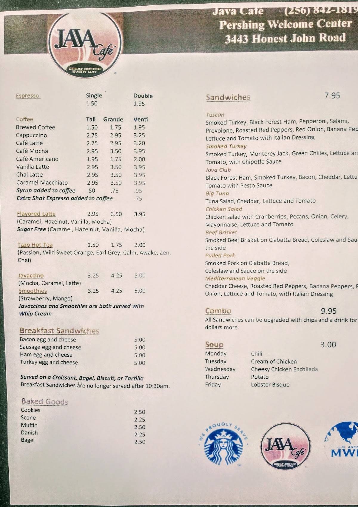 Java Cafe меню