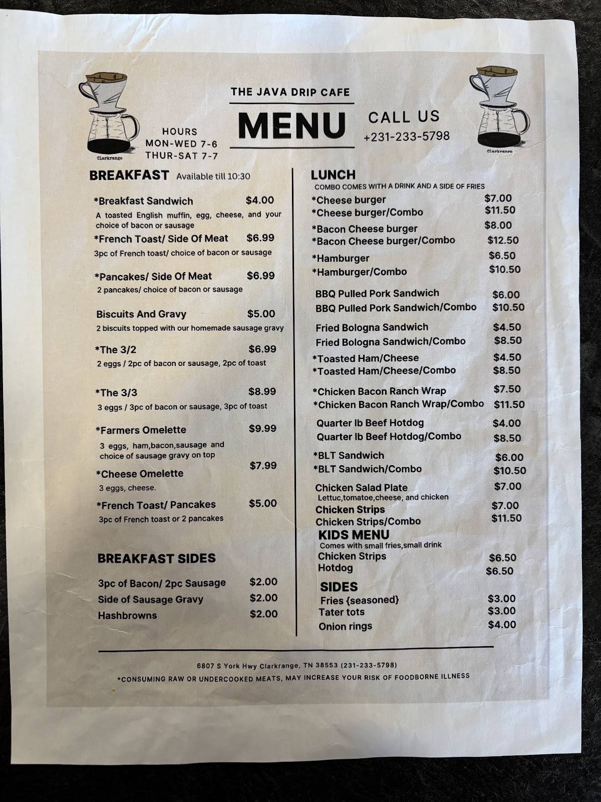 Java Drip Cafe меню