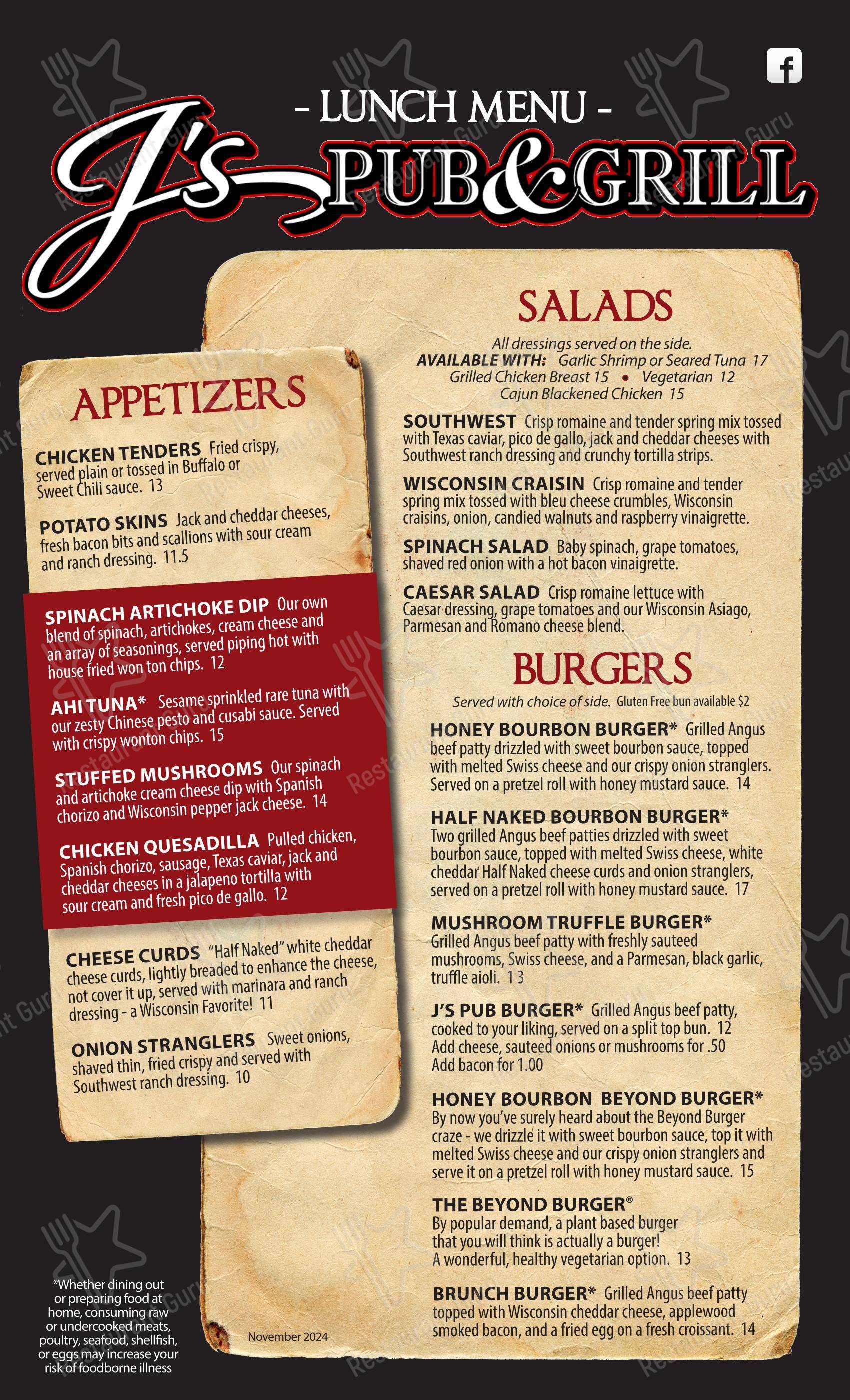 Меню напитков паба и бара J's Pub & Grill в Ридсберге
