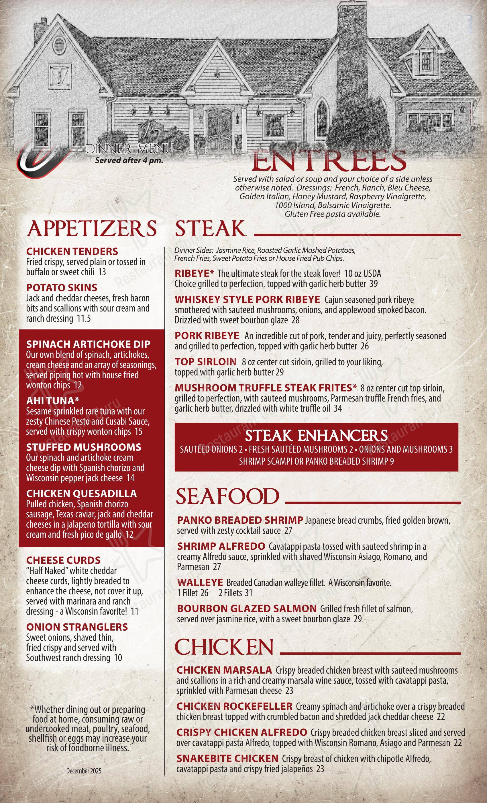 Основное меню паба и бара J's Pub & Grill