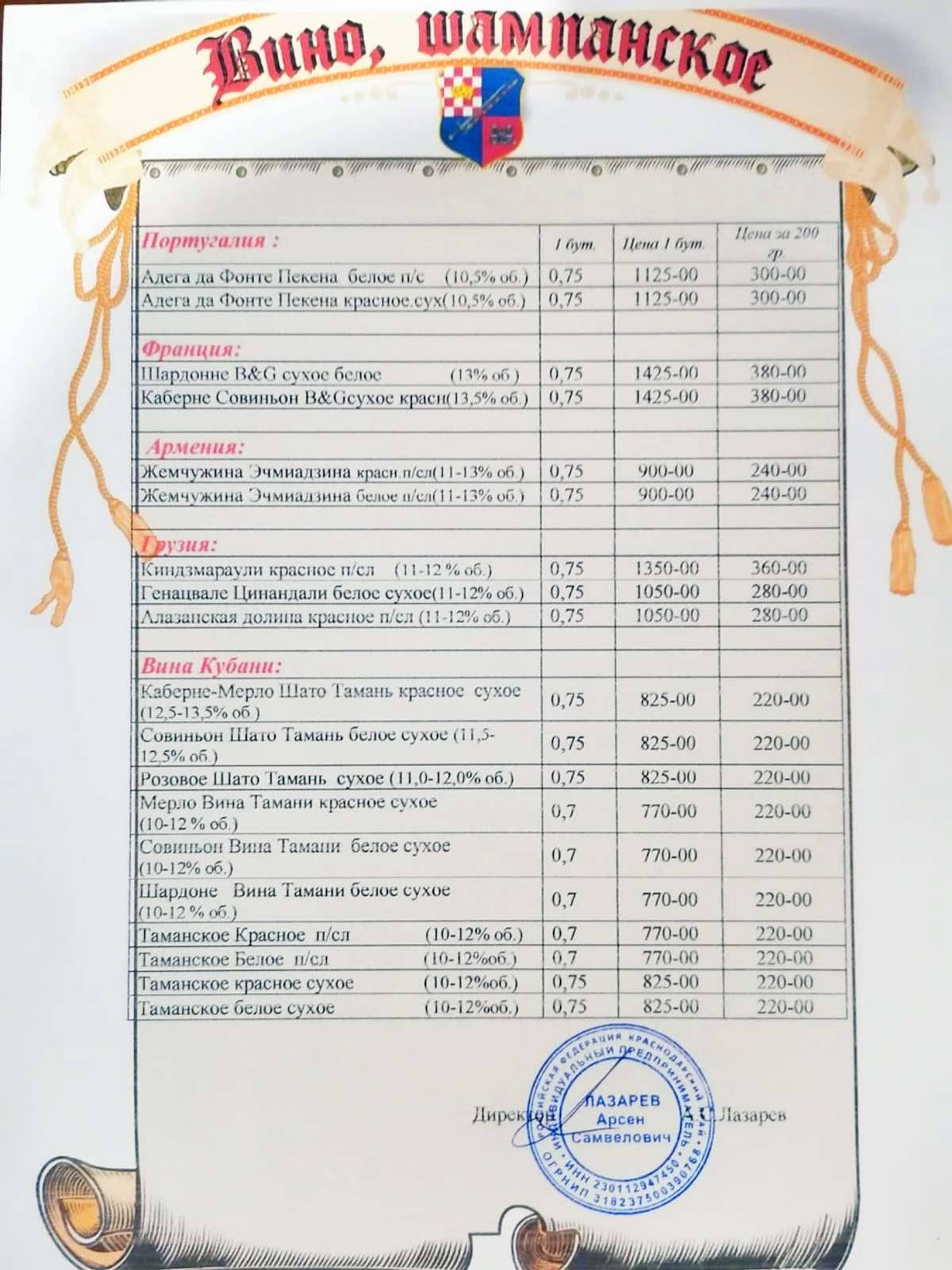 Кафе Камелот Анапа меню