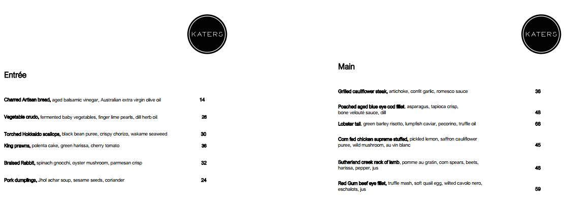 Katers Restaurant and Katers Larder меню