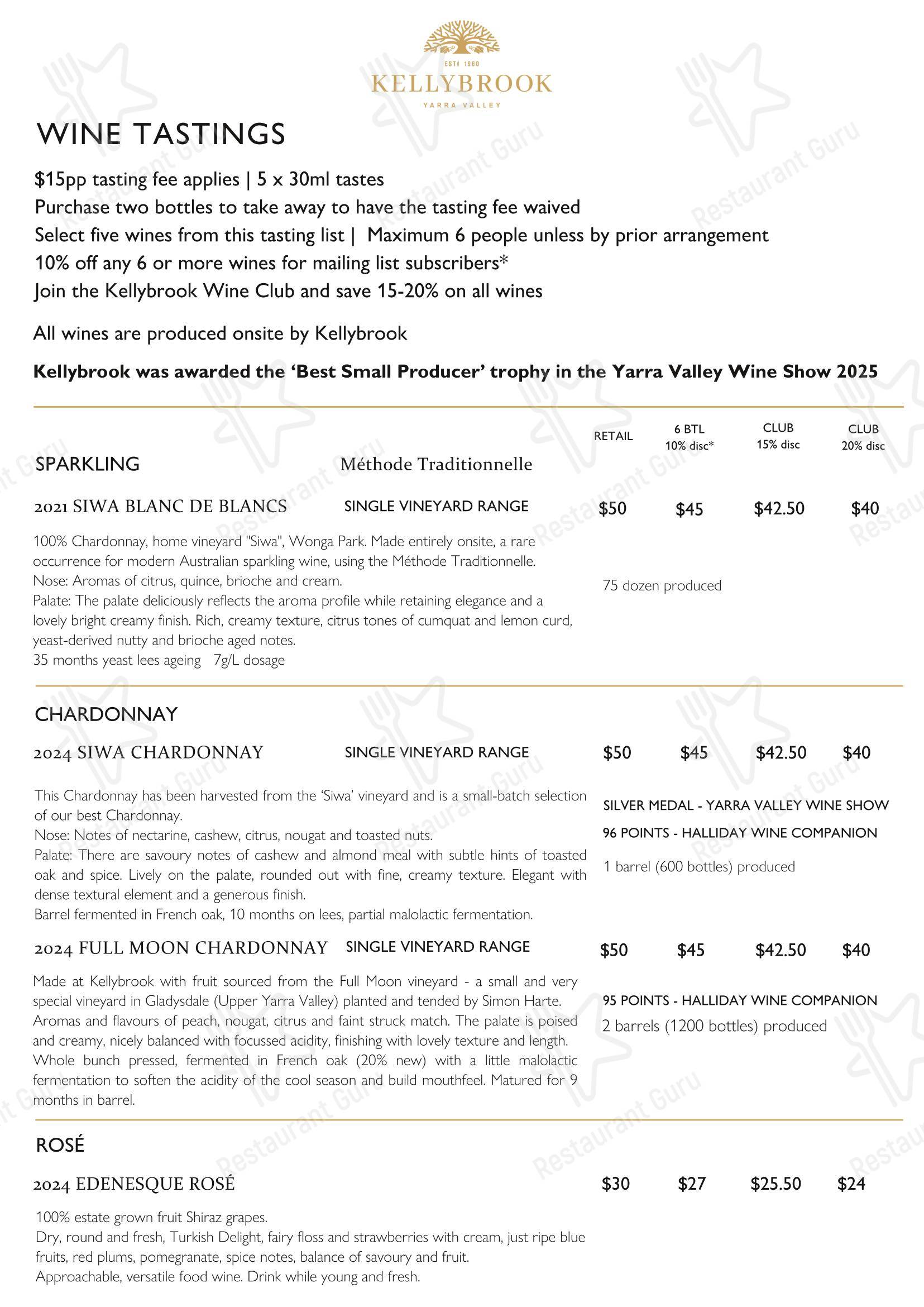 Основное меню паба и бара Kellybrook Winery