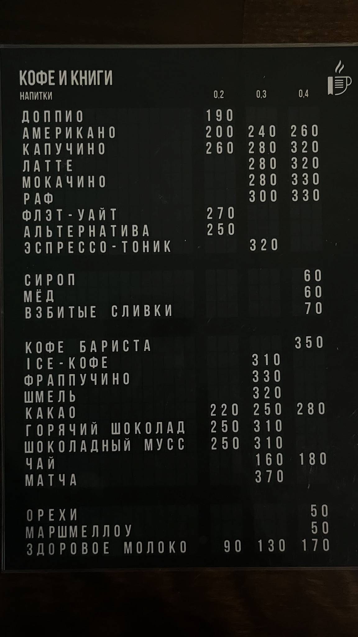 Кофе и книги меню