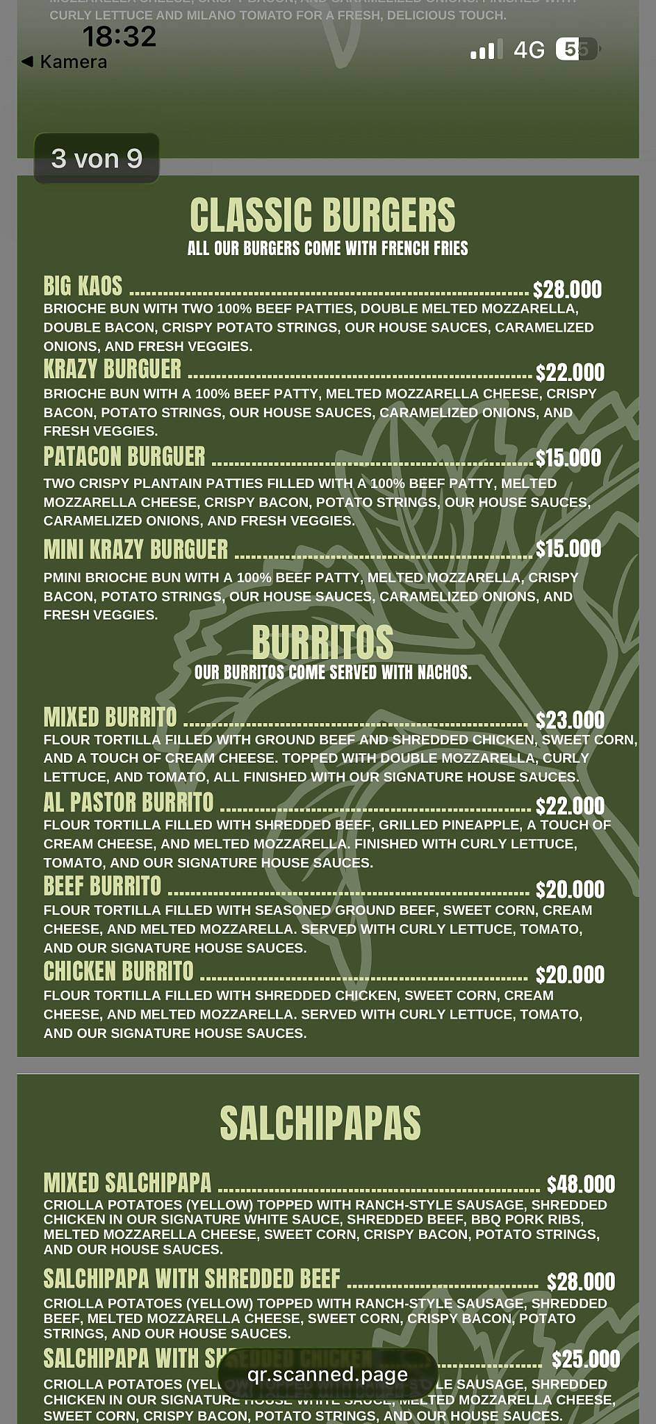 Restaurante Krazy kaos меню