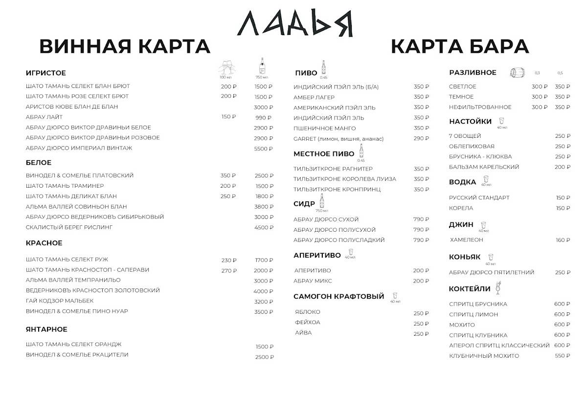Ладья, Гастрономическая Карта России меню